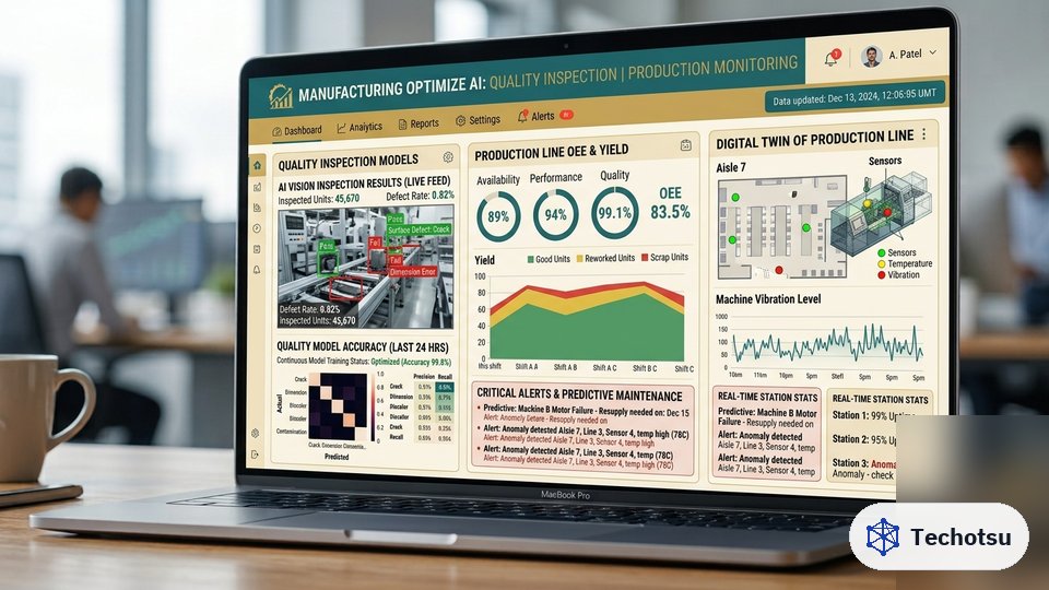 Concept visualization of a Techotsu manufacturing quality-inspection dashboard — illustrative, not a real deployment